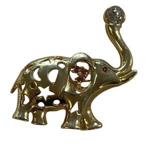 Gold Tone Elephant Brooch Pin with Gem Accents